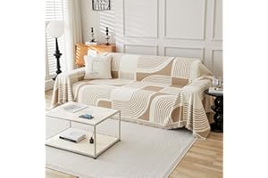 WEYOND Chenille Sofa Cover with Tassels, Boho Couch Cover Pet-Friendly, Geometric Pattern Reversible Slipcover for L Shaped Sectional Sofa, Loveseat, 2 3 4 Seater (180 x 380 cm, Khaki)