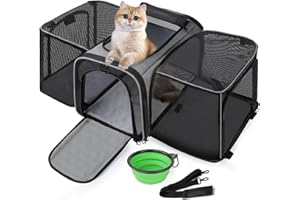 Pecute Sac de Transport Chat Extensible,Grand Caisse de Transport Pliable et Respirant pour Chats et Chiens,Cage Transport Chat vec et Bandoulière Réglable + Bol
