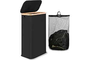 iEGrow Portabiancheria Salvaspazio 60L Con Borsa Interna Rimovibile e Lavabile, in Bambù, Pieghevole per Lavanderia, Camera da Letto (Nero)