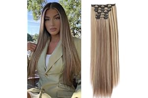 Cybelleza Extensiones de Clip de Pelo Natural Liso 65cm 6 Piezas Extensiones de Cabello Postizo Sintético Lacio Largo Cabeza Completa para Mujer, Marrón claro & rubio