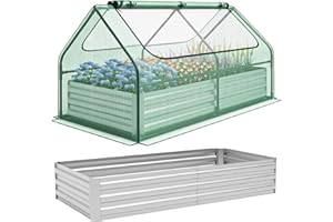 GiantexUK Raised Garden Bed with Greenhouse, 2 in 1 Galvanized Metal Rectangular Elevated Planter Box with Cover & Roll-up Windows, Bottomless Flower Herbs Plants Vegetables Grow Box (Green PE Cover)