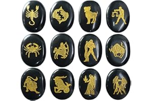 Crocon Black Agate Zodiac or Horoscope Symbols Engraved Stones (Set of 12) for Reiki Healing Gemstone Love Crystal Sun Sign Gift