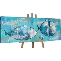 Quadro Su Tela Dipinto A Mano 'Pesce Da Viaggio' - 120x40 Cm, Acrilico Su Tela, Arte Moderna Blu, Con Certificato - Foto 3