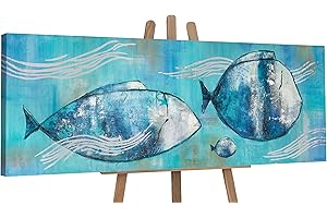 YS-Art Quadri Tela acrilica Dipinta a Mano Pesce da Viaggio Arte Moderna Colore Blu Pittura acrilica su Tela Quadro su Tela 150x50 cm