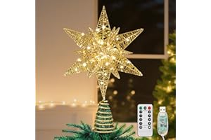 Lewondr Estrella para Copa del Árbol, 28CM Adorno para Árbol de Navidad con 8 Modos de Luces por USB con Mando a Distancia & Temporizador, Gran Topper Árbol Decoración Navideña del Hogar, Oro