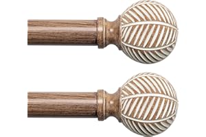 UNCONSIL Barras de cortina de madera para ventanas: barras de cortina ajustables de 1 pulgada de diámetro de 48 a 86 pulgadas, paquete de 2 barras de cortina con remates de patrón de hojas de grano de madera