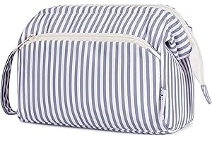 Narwey Bolsa de maquillaje grande con cremallera de apertura amplia, bolsa de viaje para aseo, organizador de cosméticos para mujer, Rayas azules, grisáceas