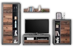‎STELLA TRADING FULDA Vintage Wohnwand Komplett-Set in Old Wood Optik, Betonoxid - Retro Schrankwand für Ihr Wohnzimmer - 305 x 189 x 40 cm (B/H/T)