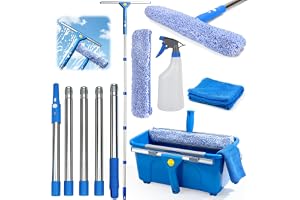 Fönsterrengöringsset med stor hink och 2 m teleskopstång, komplett kit med silikon fönsterskrapa fönstertorkare sprayflaska trasa, randfri rengöring för höga fönster glas badrum spegel bil