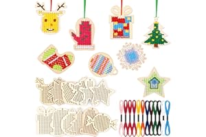 Blulu 24 Pezzi Kit Punto Croce in Legno Natalizio Ornamenti per Albero di Natale a Punto Croce Decorazioni da Appendere Arti per Principianti Progetto Fai da Te