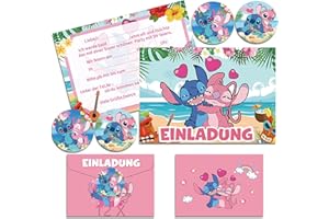 Hangsky 12x Stich Einladungskarten Kindergeburtstag Mädchen mit Umschlag Deutsch, Geburtstagseinladungen Mädchen, Cartoon Einladungskarten Geburtstag Set für Themed Party (A6) (C)