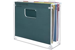 Winter Shore Acryl-Hängeregister Box - Klarer Rechteckiger Akten Organizer für Papier & Bücher - Schmaler Vertikaler Desktop Organizer mit 4 A4-Hängeregister Mappen, Etiketten & Griffausschnitten