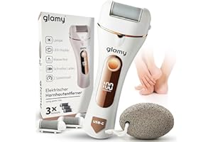 Glamy Hornhautentferner Elektrisch mit Bimsstein – Wasserdichtes Fußpflege- & Pediküre-Set mit 3 Schleifrollen, LED-Licht, USB-Akku, Sanfte Hornhaut Entfernung