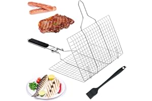 iTGOOS Fish Grilling Basket, Grill Basket Stainless Steel BBQ Grilling Basket Portable BBQ Grill Basket Fish Grill Basket with Removable Handle with Basting Brush for Fish Steak Vegetable Shrimp