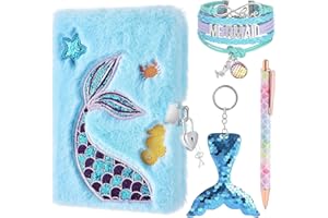 WERNNSAI Tagebuch Set, Meerjungfrau Plüsch Notizbuch für Mädchen mit Schloss und Schlüssel, Schlüsselanhänger, Armbänder, Kugelschreiber, Weihnachts Geburtstag Geschenke für Geeignet zum Schreiben