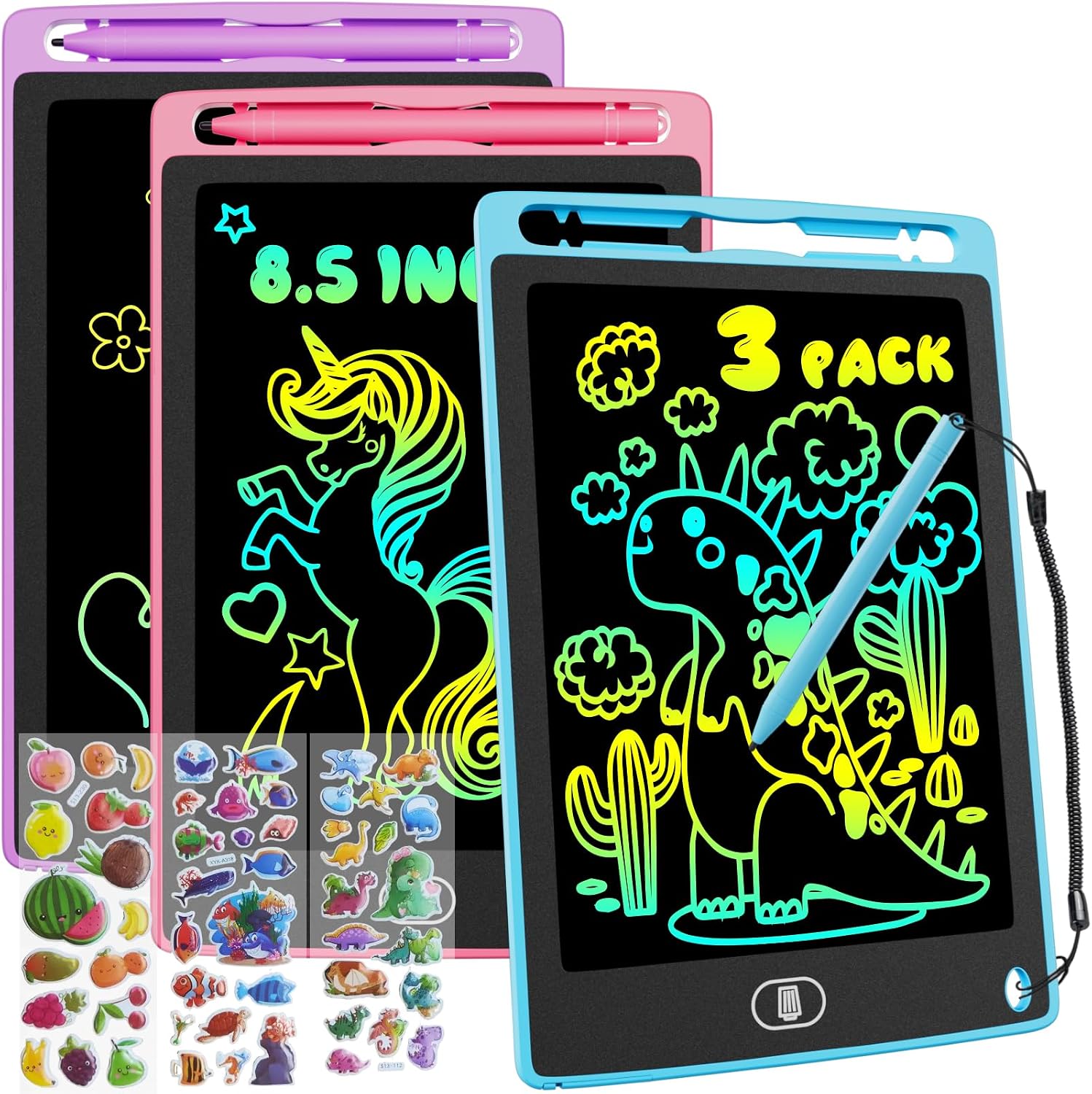 3 Pack 8,5 Pulgadas Tableta Escritura LCD Color, Electight Tablet Escritura Pantalla Colorido Infantil con Borrable y Bloqueo Función, Regalo Cumpleaños para 3-7 Años (Azul, Rosa, Morado)