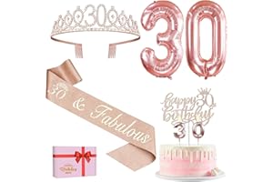 AMOSKING 30. Geburtstag Frauen Deko, 30 Geburtstag Krone und Schärpe, Happy Birthday Tortendeko Kerzen, Luftballons Rosegold, Geschenke für Frauen 30 Jahre