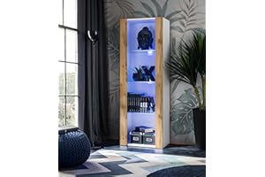 Komodee, Vitrina Tivoli, Wotan Blanco, Ancho 55 cm x Alto 159 cm x Profundidad 35 cm, LED Azul, 3 estantes, para salón, Dormitorio, Pasillo