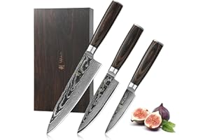 Wakoli EDIB Essentials Lot de 3 couteaux en acier damassé avec 67 couches de noyau 60±1 HRC et protège-doigts en acier damassé VG10 avec protection des doigts dans une boîte en bois