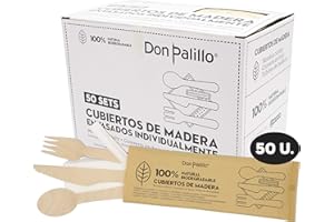 DON PALILLO - 50 Sets de Cubiertos de Madera Desechables envasados en Papel Kraft. Cada Set Contiene 1 Tenedor + 1 Cuchillo + 1 Cuchara + 1 servilleta de Papel + 1 palillo env. Ind. Total 50 Sets