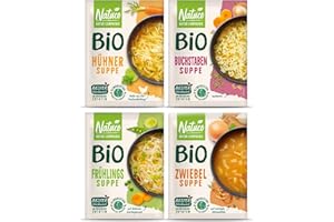 NATUCO 4er Pack Bio Suppen: Buchstabensuppe, Hühnersuppe, Frühlingssuppe, Zwiebelsuppe - Instant Nudeln perfekt für jeden Tag - Schnelle Gerichte zum essen Zuhause oder im Büro
