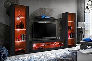 Komodee Wohnwand Wohnzimmerset Tivoli Grande, Schwarz/Schwarz, Breite 250cm x Höhe 159cm x Tiefe 35cm, Mehrfarbige Beleuchtung, für Wohnzimmer, Schlafzimmer