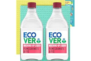 Eco Washing up Liquid Bundle With 2x Ecover Washing up Liquid Pomegranate & Fig 450ml, 2x Biodegradeable Cellulose Sponge Cloths and 1x JenBurr Leaflet