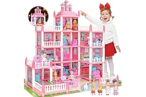 GIRLDIARY Pink Doll Houses for Girls, Playhouse 4-Story 11 Rooms with 4 Dolls & Furniture Accessories & Flashing Lights, Princess Doll House Toy Toddler Birthday Gift for 3 4 5 6 7 8 Year Old