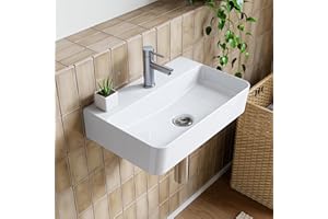 HOROW Lavabo colgante de pared de cerámica blanco, rectangular, 46 x 30 cm, lavabo con orificio para grifo sin rebosadero, lavabo pequeño para invitados