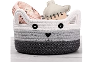 Zopeal Cat Basket Storage Woven Organizer with Ears Christmas Decorative Pet Toy Cute Cotton Rope Basket for Gift Cat Dog Toy Bin Nursery Room(8.3 x 4.7 Inch,White, Light Gray and Gray)