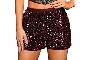 RLEHJN Sequin Shorts for Women UK Clearance Sexy Sparkly Straight Leg Summer Shorts Solid Color Night Out Glitter Hot Party Pants High Waist Elastic Band Short Pants with Pockets Size 8-16