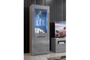 Furneo Milano 09G – Grey Display Cabinet, High Gloss & Matt Finish, Blue LED Lights