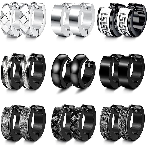 Pack 12 Paires Acier Inox 12 Paires Boucles D'oreilles Noires Pour Hommes - Acier Inoxydable Hypoallergénique, Style Punk Gothique Boucle Doreille Acier Inoxydable Femme