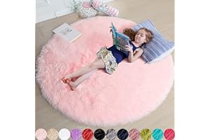 Amdrebio Pink Round Rug - Fluffy 4'X4' Circle Rug for Girls & Kids, Shaggy Plush Carpet for Nursery & Dorm, Cute Room Decor