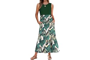 AUSELILY Sommerkleid Damen Lang Ärmelloses Maxikleid Damen Sommer Strandkleid Lange Rundhals Tank Top Kleider Leicht und Luftig mit Taschen Elastischer Taille