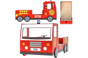 CASARIA® Kids Bed Red Fire Engine Bed Frame | Standard Single Bed Mattress Size | Wood Fire Truck Car Bed | Kids Bedroom Furniture | Junior Toddler Bed | 205x94x103cm Wooden Bed Frame Single Beds