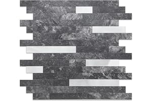 Yipscazo 20 Sheet Peel and Stick Stone Metal Tile Backsplash, Stick on Tiles for Backsplash Kitchen, Bathroom, Laundry Room, Camper, Fireplace (12'' X 12'', Dark Black)