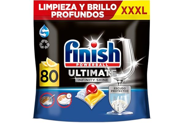 Finish Powerball Ultimate Infinity Shine, pastillas para el lavavajillas con poder quitagrasas y protección del cristal, aroma limón, 80 Pastillas