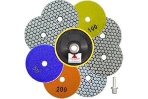 QUEFORET Diamant Polierpads Set 10 Stücke - 8 Stücke 100mm Trocken Polierscheiben (Körnung 50 x 3, 100 x 3, 200 x 2), 1 Stück Polierteller, 1 Stück Adapter für Granit Marmor Quarz Kunststein