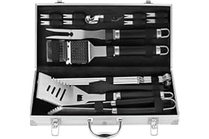 grilljoy 20PCS Set Barbecue, Accessoires de Barbecue en Acier Inoxydable à Usage Intensif dans Un boîtier en Aluminium - Ustensiles Barbecue Complets pour Les Hommes