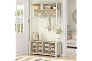 Hzuaneri Appendiabiti Ingresso con Panca Scarpiera, 12 Scomparti per Scarpe, 13 Ganci Attaccapanni, 32 x 106 x 185 cm, Industriale, per Corridoio, Ingressom, Greige HT17916W