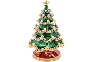 QIFU Hand Painted Green Christmas Tree Crystal Enamel Trinket Box Hinged