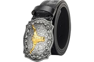 KorhLeoh Western Leather Cowboy Buckle Belt for Men Women Jeans Engraved Floral Longhorn Bull Texas Buckle Belt (33-41" waist)