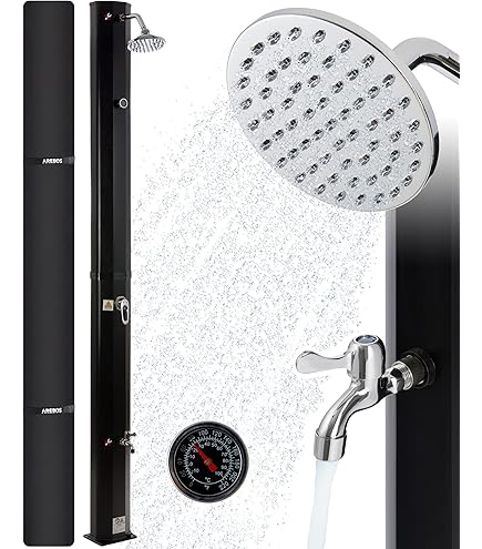 Ansobea Zonnedouche 20 liter tuindouche op zonne-energie met bodemelement, draaibare douchekop 180°, geïntegreerde voetdouche, max. 60°C zonder stroomaansluiting, optimaal voor tuin, camping of bij het zwembad