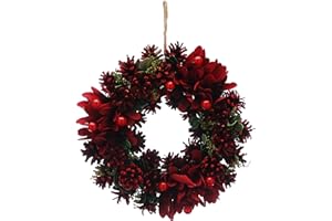 Festive Productions 30cm Christmas Wreath with Red Flowers, Berries, Pinecones & Greenery – Bold Festive Door Decoration