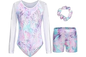 FEOYA Fille Justaucorps Gymnastique avec Short Gym Danse Bandeau de Cheveux Tenues Body de Danse sans Manches/Manches Longues Leotard de Ballet