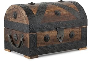 Ajuny Handcrafted Wooden Pirate Treasure Chest Jewelry Box Multipurpose Vintage Shell Strips Keepsake Trinket Storage Case Holder Necklace Earring Organizer Gift, 9x6 Inch