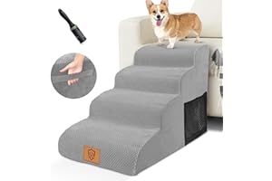 HEVOL Hundetreppe für Kleine Hunde, 4 Stufen Hunde Treppe mit Abnehmbarem, Hunderampe mit Waschbarem Bezug und Rutschfestem,Haustiertreppe für Bett und Sofa aus Hochdichtem Schwamm,Send 1 Fusselrollen