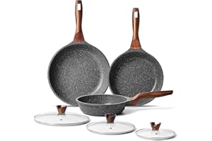 RIOVARM Antiaderente Set di padelle con coperchi Induzione Set di padelle con manico resistente al calore In granito Padella per omelette senza PFOA In marmo Set di pentole 20cm 24cm 28cm