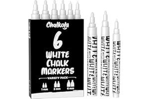 Chalkola Rotuladores de tiza blanca para pizarra, pizarra, ventana, bistró, vidrio de coche, tablero, letreros, paquete variado de 6 – (2 unidades) de 1 mm, 3 mm y 6 mm